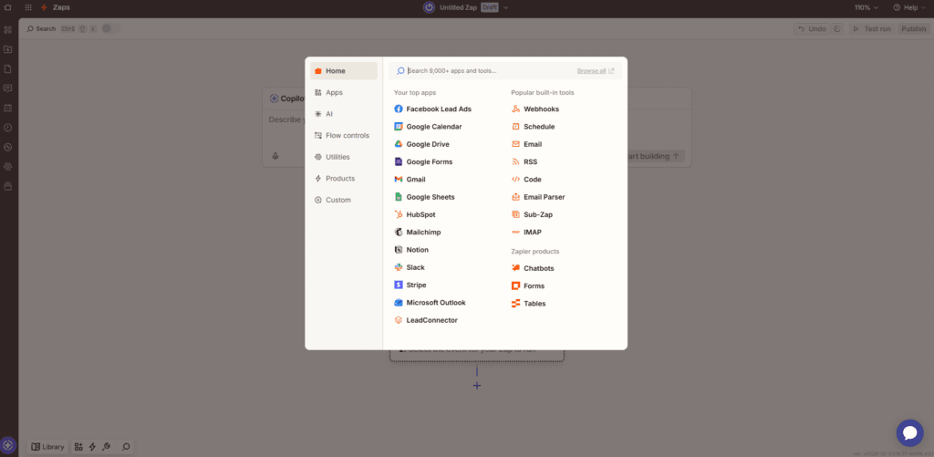 Zapier 앱 선택 화면